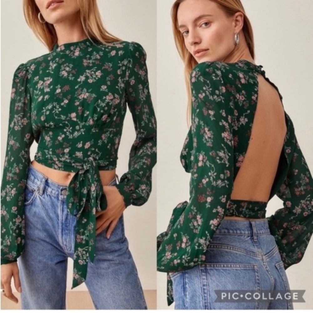 Reformation Bowery‎ Top Floral Open Back Tie Front Blouse 2